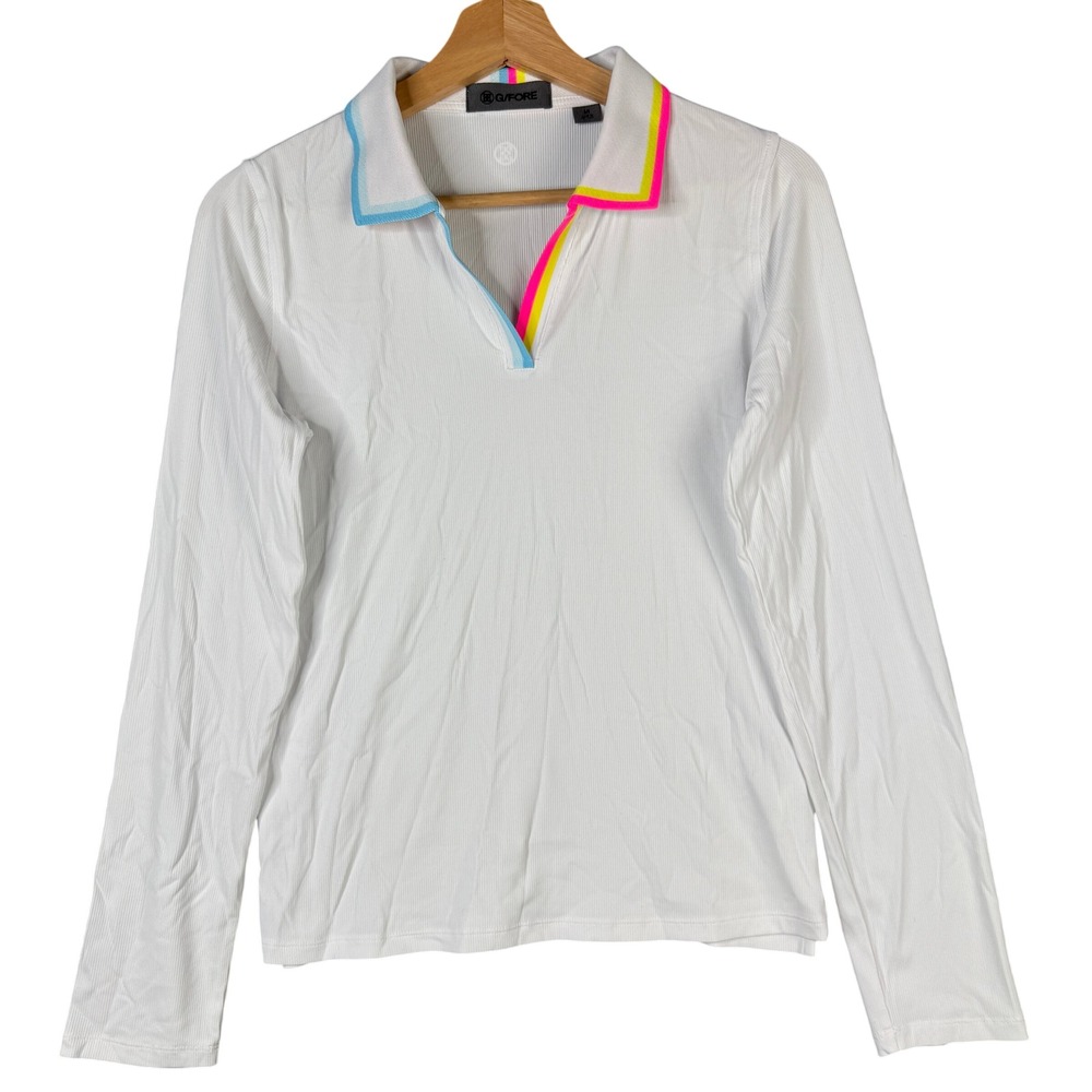 G/FORE Womens Long Sleeve Ribbed Polo Shirt White Neon Tipped GLP000095A Size M